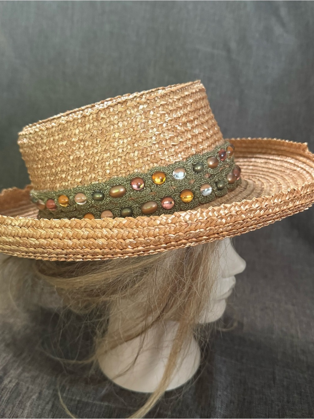 Eric Javits Natural Straw Hat with Olive Beaded Band - Picture 4 of 14